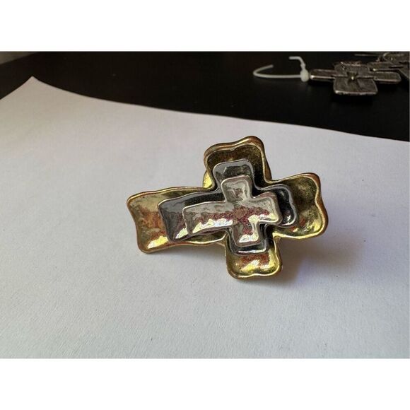Womens Y2K Vintage Chunky Cross Gold Silver Tone Stretchy Cross Ring Western - Picture 3 of 6